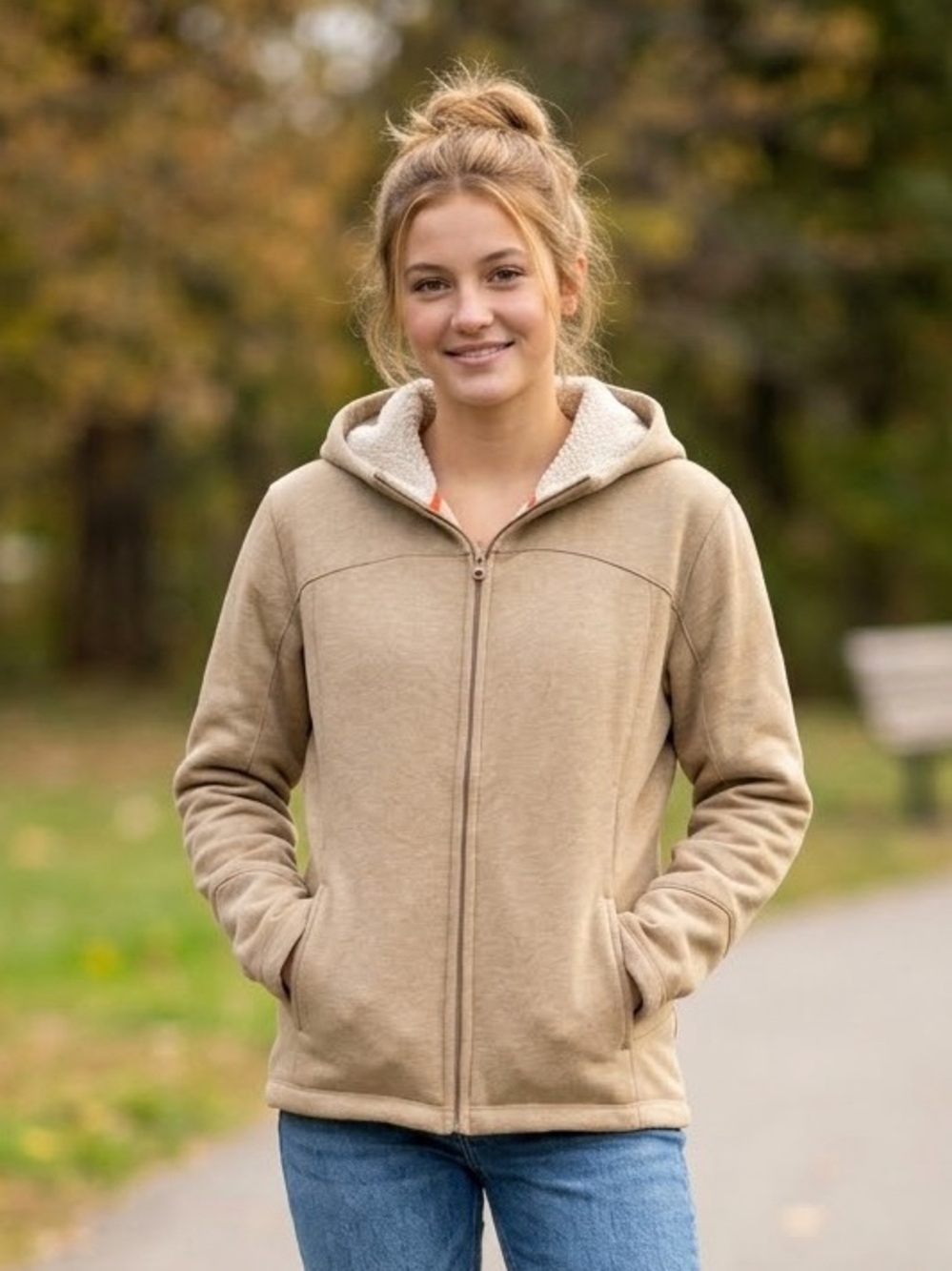 Mondetta Women's Zip-Up Sherpa-Lined Hoodie Sweatshirt Beige